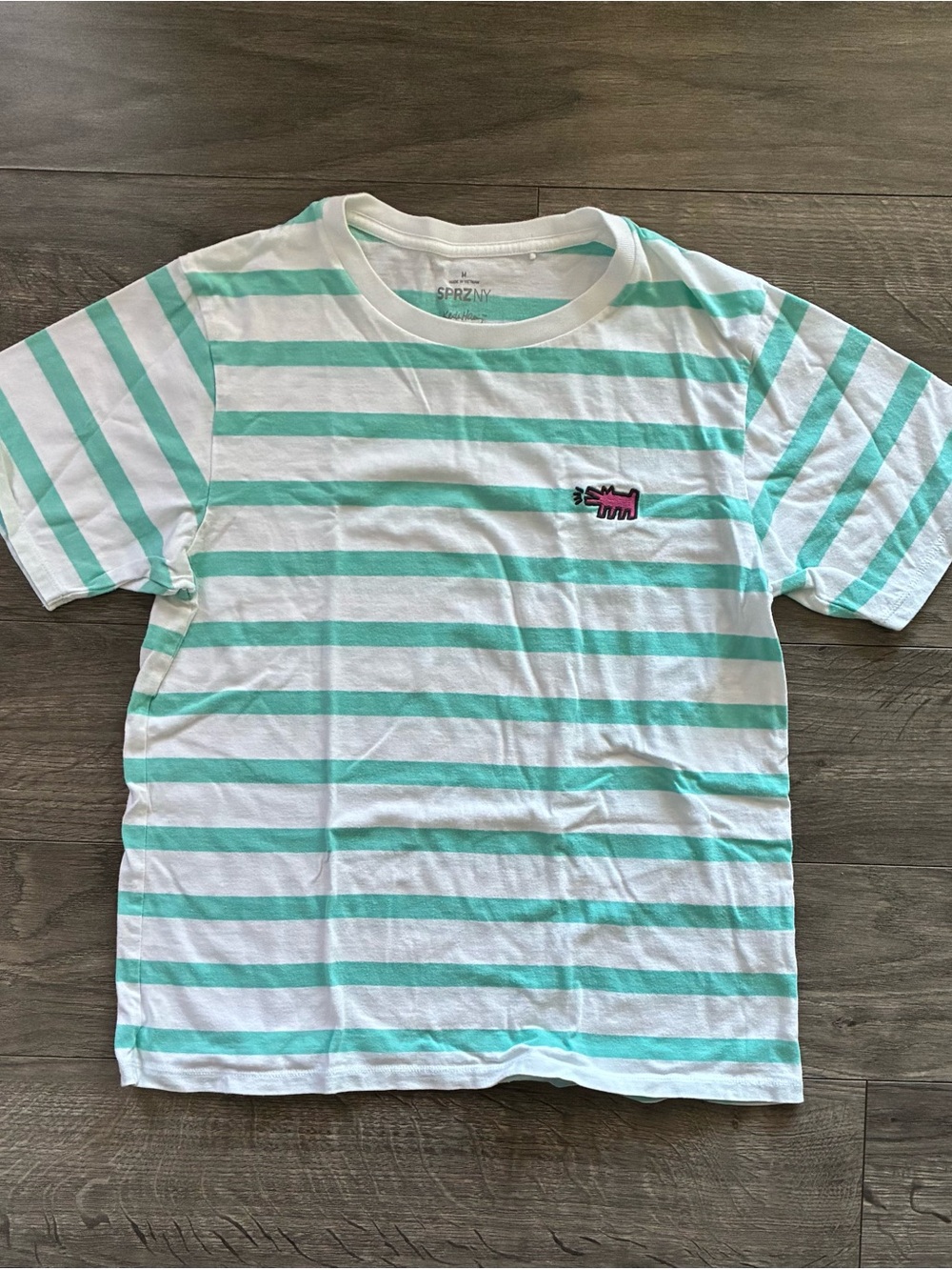 Uniqlo striped teal blue and white SPRZNY shirt